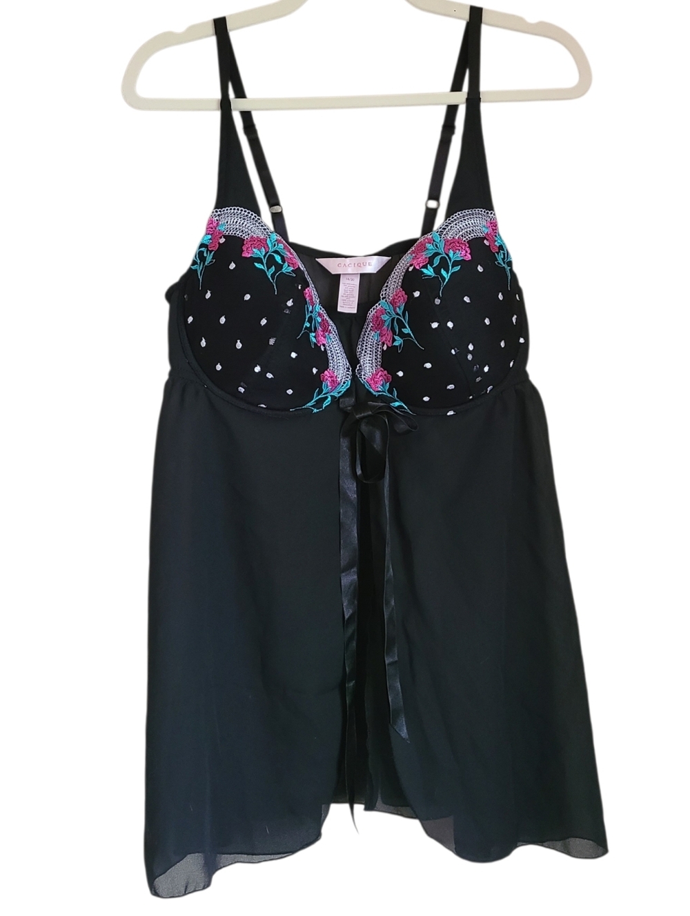 cacique black mesh & lace swiss dot floral babydoll chemise plus size 18/20
